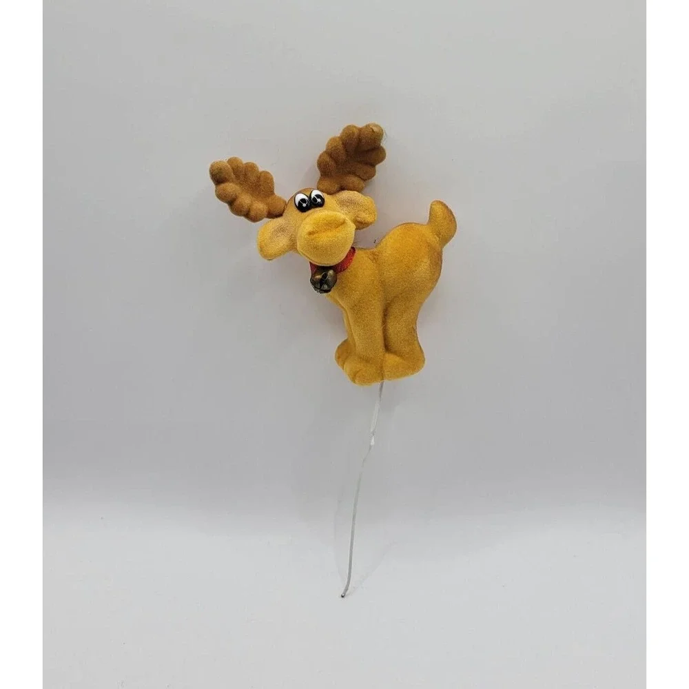 Vintage Brown Flocked Moose Reindeer Floral Pick Figurine